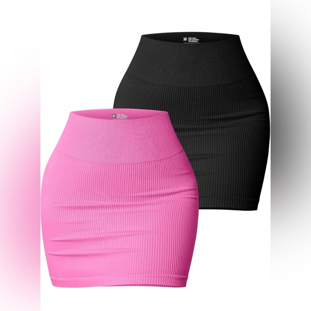 OQQ Women's Small 2 Piece Skirts Black & Rose Stretchy Ribbed  Mini Skirt